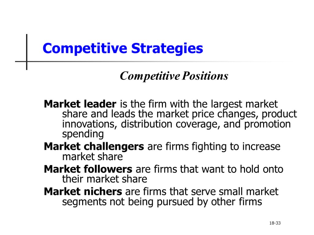 Competitive Strategies Competitive Positions Market leader is the firm with the largest market share